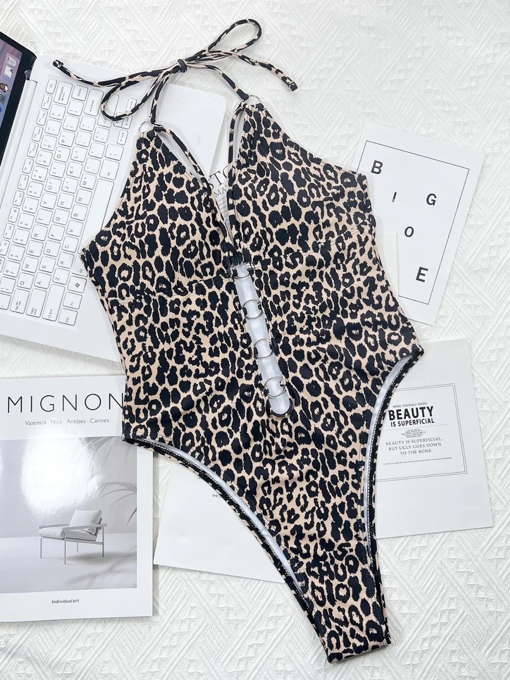 Women's Leopard Cutout Halter Neck One-Piece Swimwear Tummy Control
