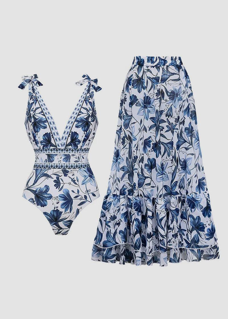 Women's V Neck Lace Up Printed One Piece Swimsuit and Skirt