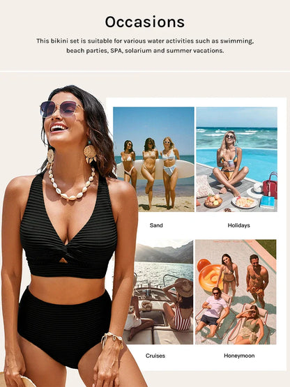 Women's Seamless Textured Twist Front High-Waist Bikini Set