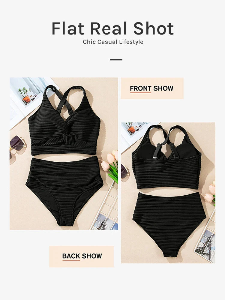 Women's Seamless Textured Twist Front High-Waist Bikini Set