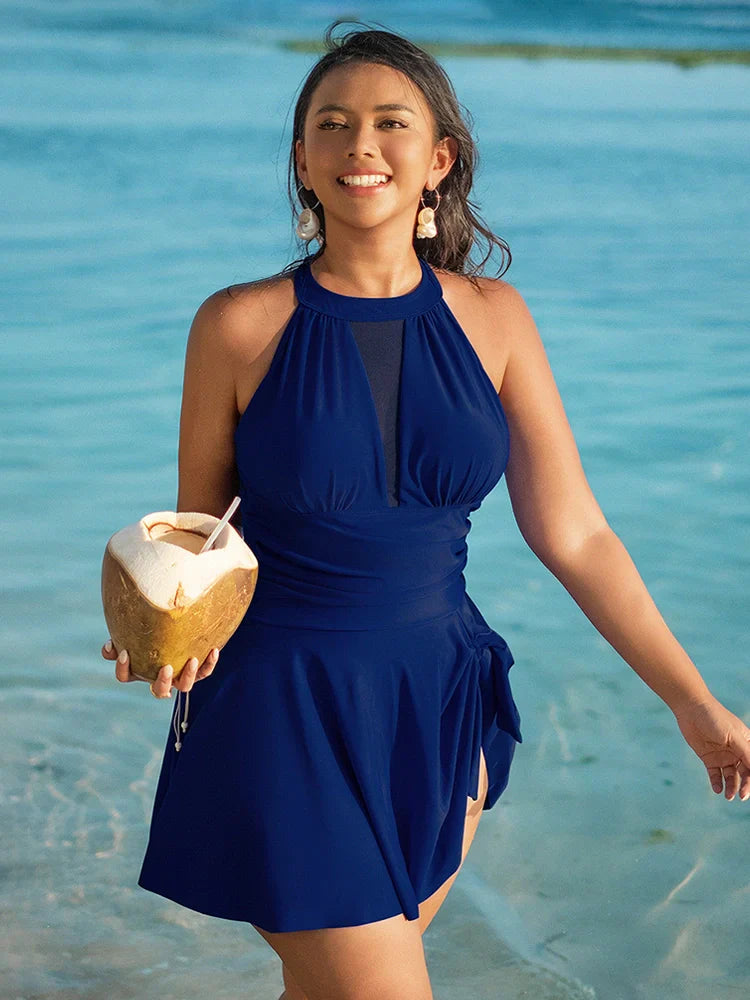 Women's One Piece Swim Dress Full Coverage Scoop Neck