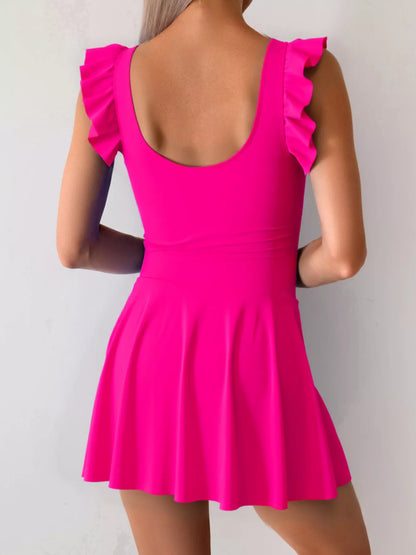 Women's Ruffled Sleeve One-Piece Swim Dress Tummy Control