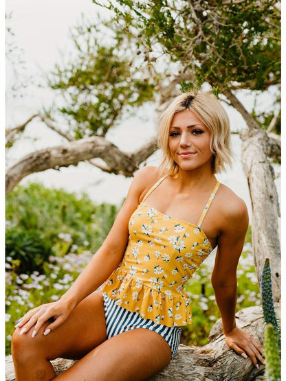 Women's Peplum Tankini Swim In Mustard Daisy
