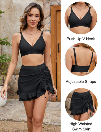 Women's High Waisted Bikini Sets Tummy Control Swim Skirt Two Piece