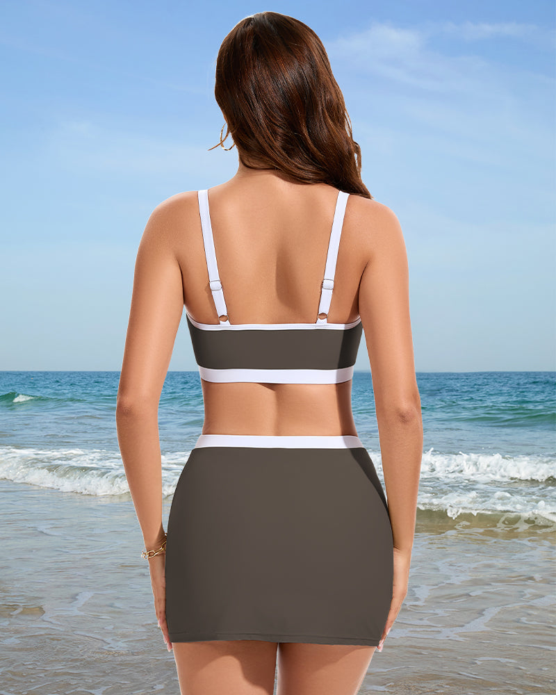 Women's Sporty Color Block Side Slit Skirted Bikini Set