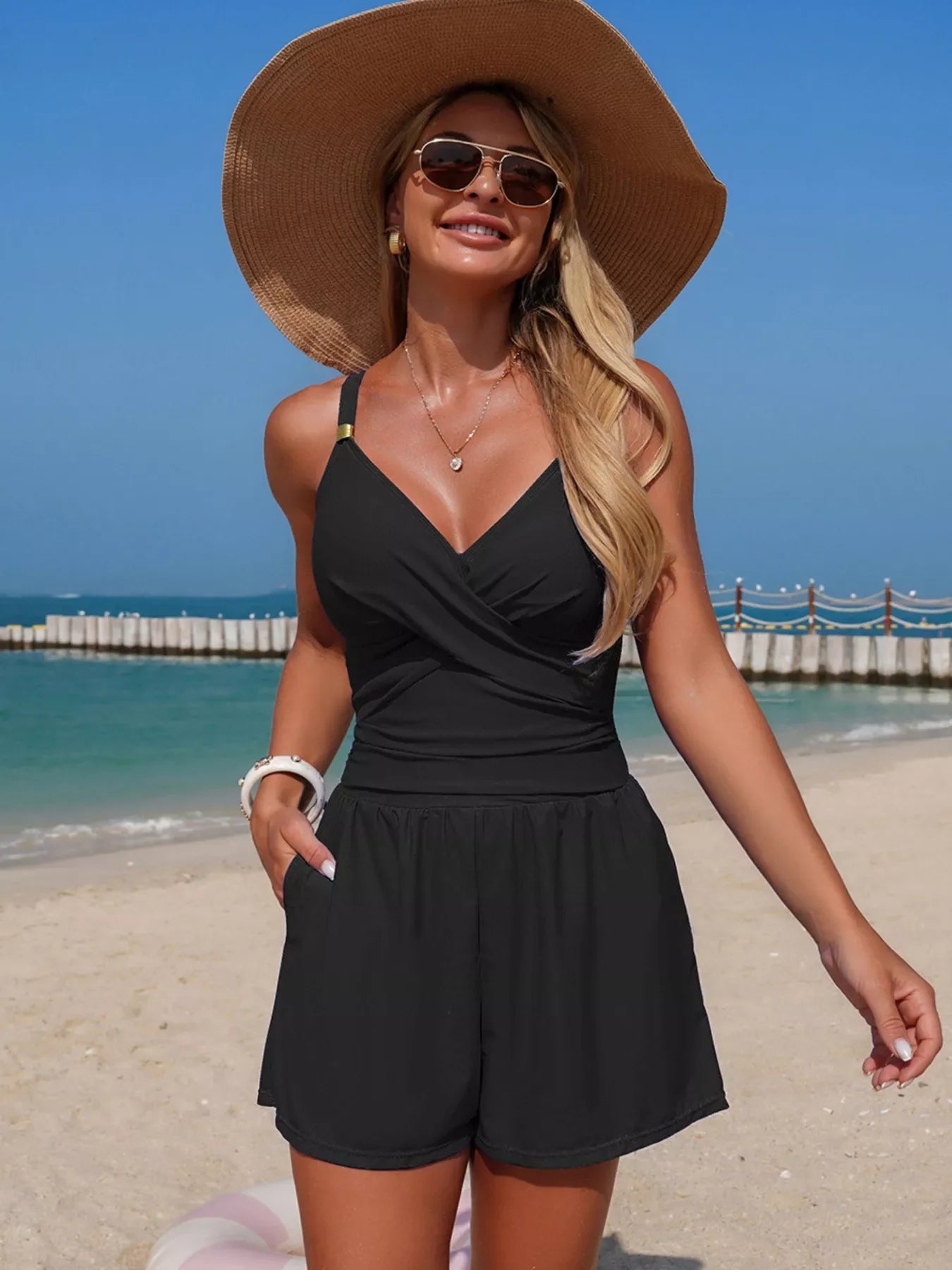 Women's V-Neck Spaghetti Strap One-Piece Swimsuit Tummy Control