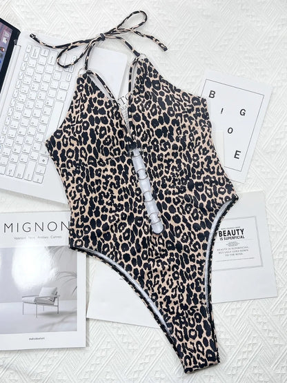Women's Leopard Cutout Halter Neck One-Piece Swimwear Tummy Control