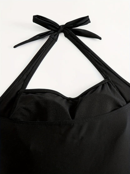 Women's Ruched Halter Backless One Piece Swimsuit, Black Tie Neck